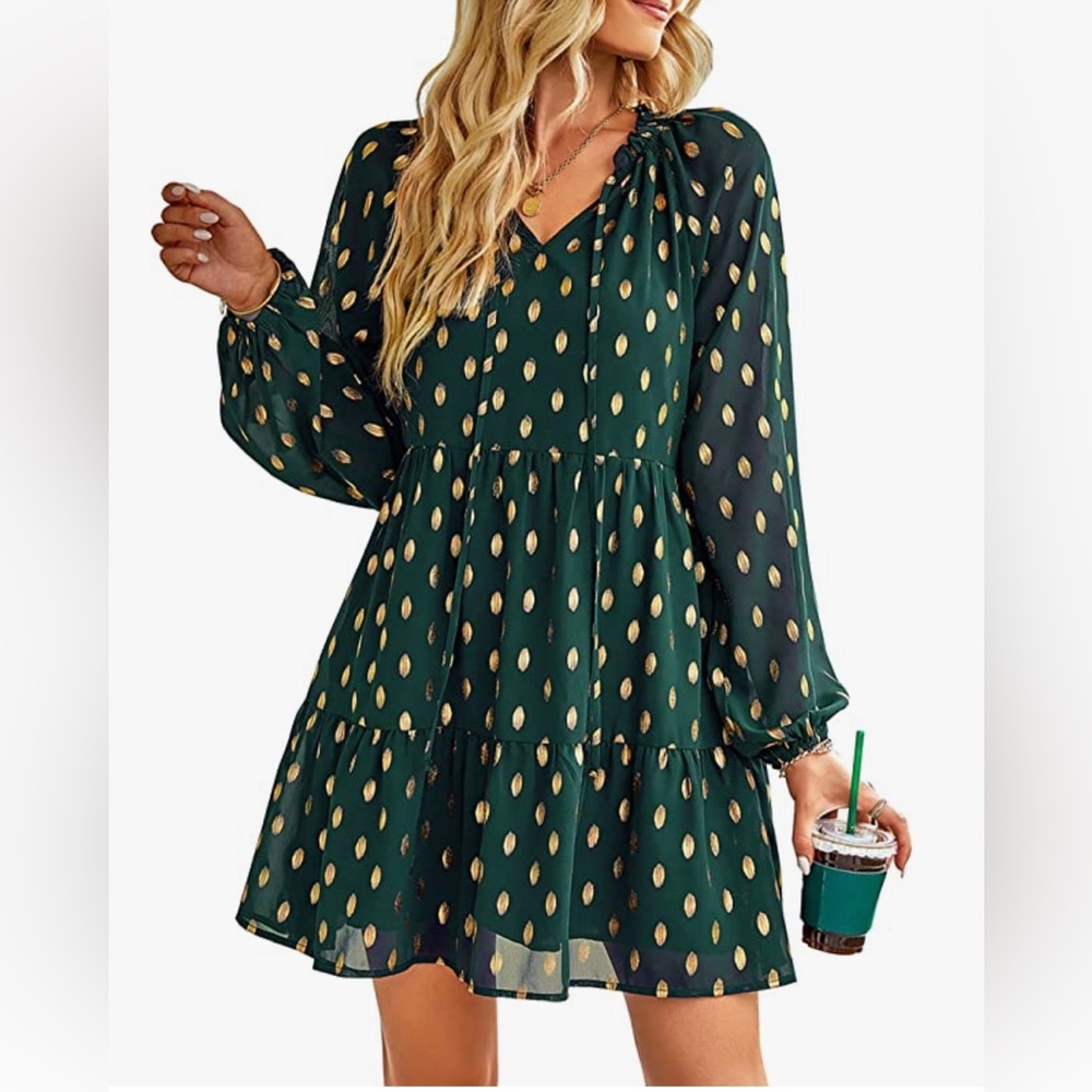 Kirundo Long Sleeve V Neck Ruffle Polka Dot Mini Loose Tiered Swing Tunic Dress